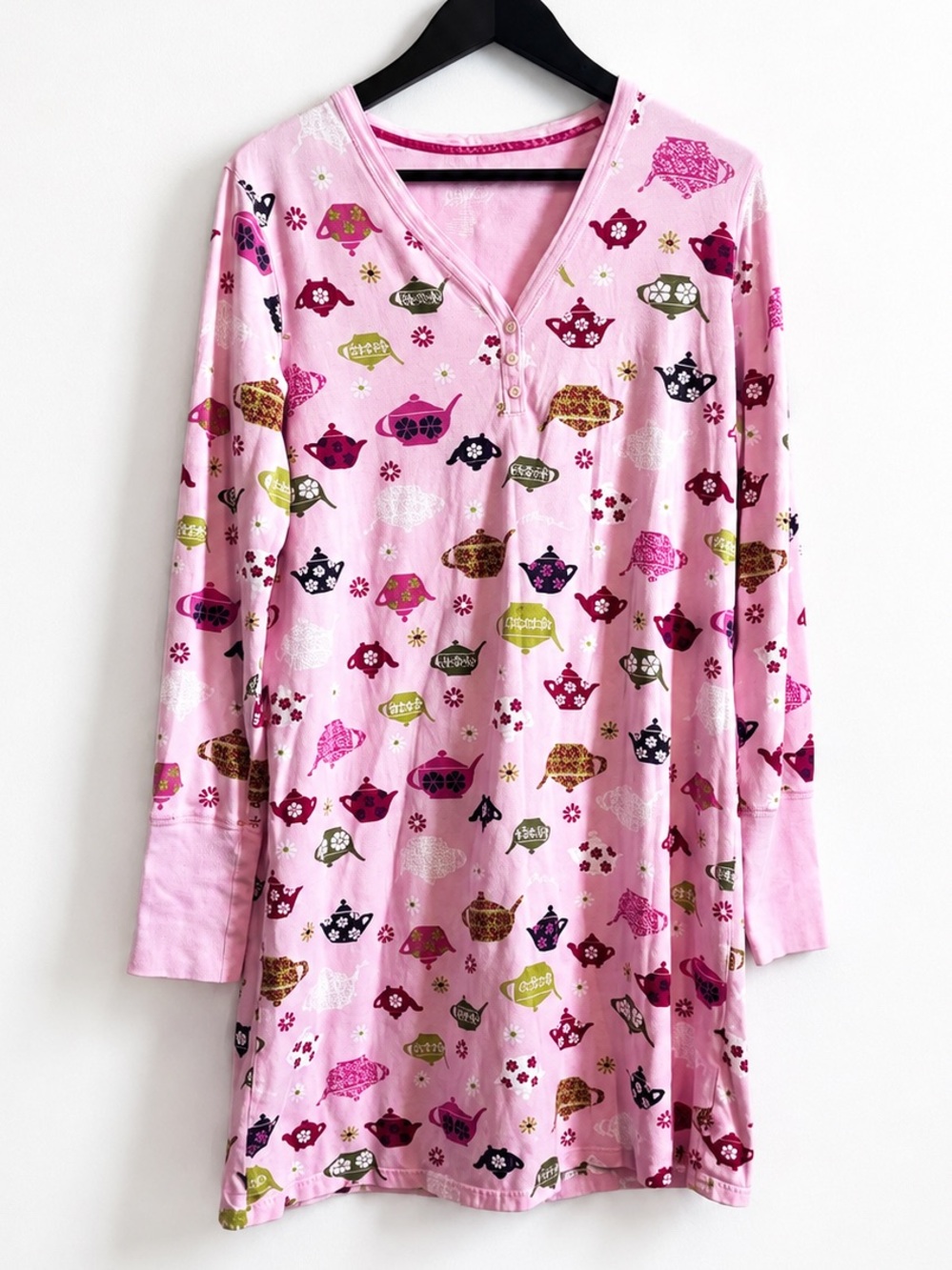 Nick & Nora Sleepwear Nightgown M Pink‎ Teapot Tea Party Cottagecore